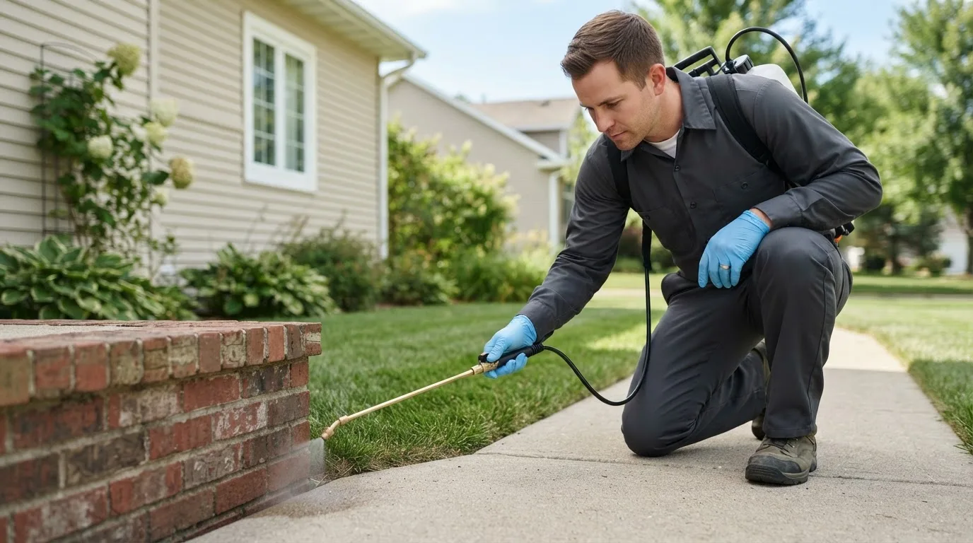 Pest control technician treating a home near Brownsboro, AL