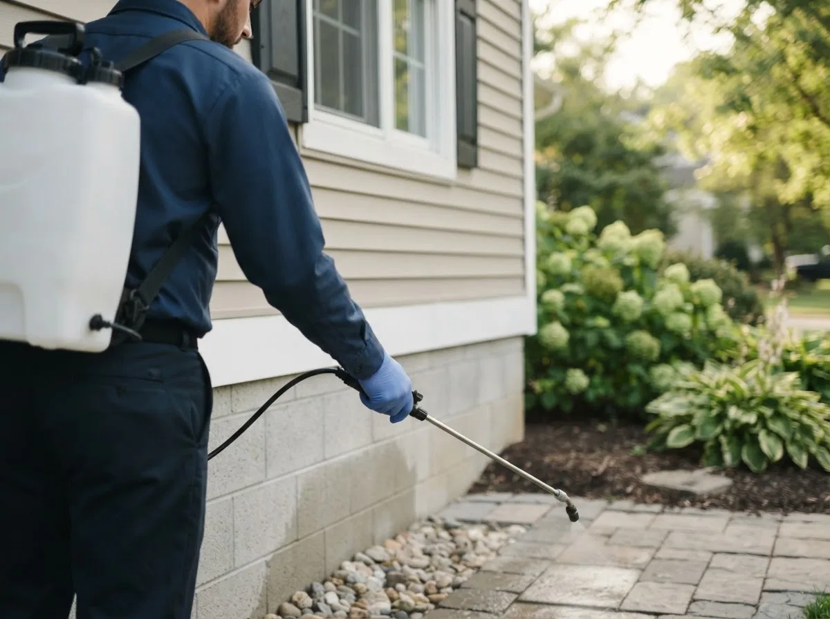 Pest control technician inspecting a home in Brownsboro, AL